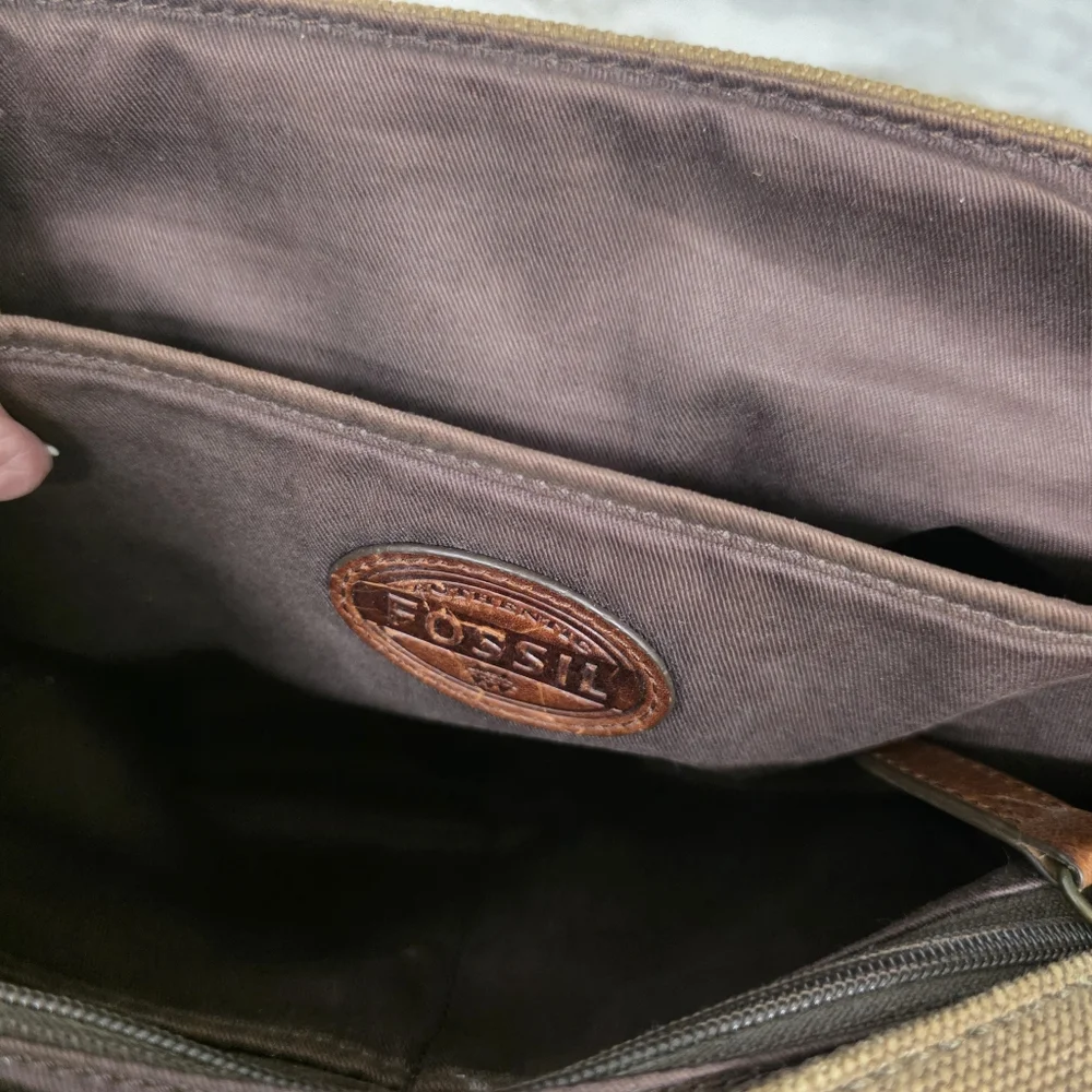 Fossil Brown Leather and Tan Canvas Messenger Bag
